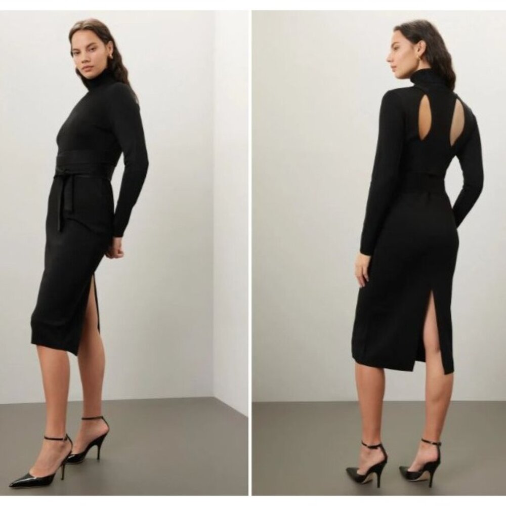 Toccin Black Long-Sleeve Turtleneck Dress, Open Back & Front Tie, S